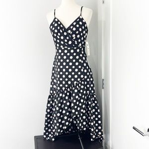 New Eliza J Size 2 Black, Pink Polka Dot Midi V-Neck Asymmetrical Hem Dress